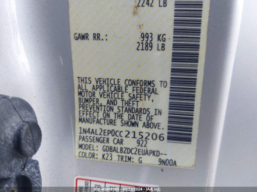 2012 Nissan Altima 2.5 S VIN: 1N4AL2EP0CC215206 Lot: 40405565