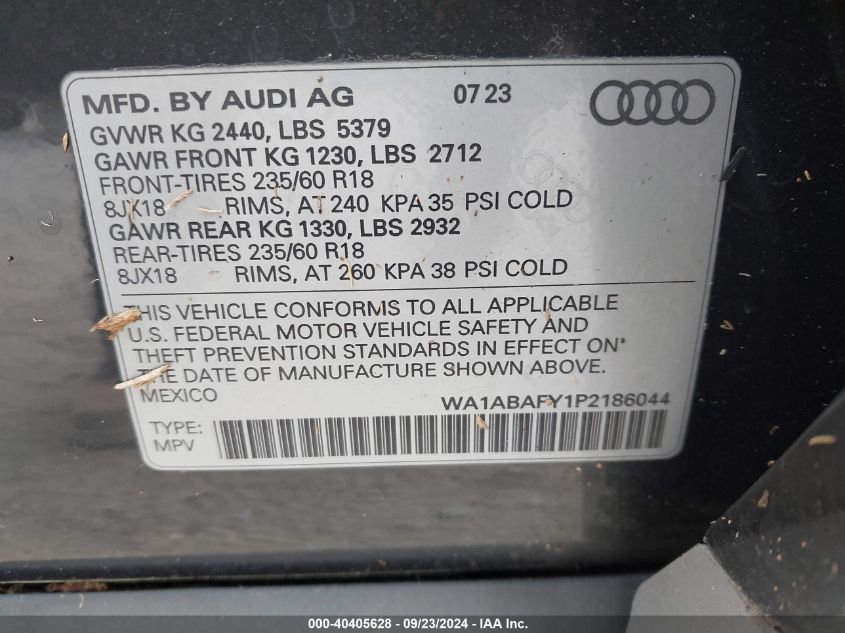 2023 Audi Q5 Premium 40 Tfsi Quattro S Tronic VIN: WA1ABAFY1P2186044 Lot: 40405628