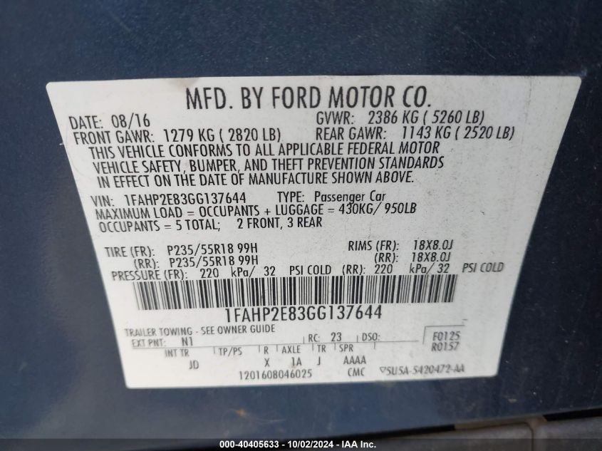 1FAHP2E83GG137644 2016 Ford Taurus Sel