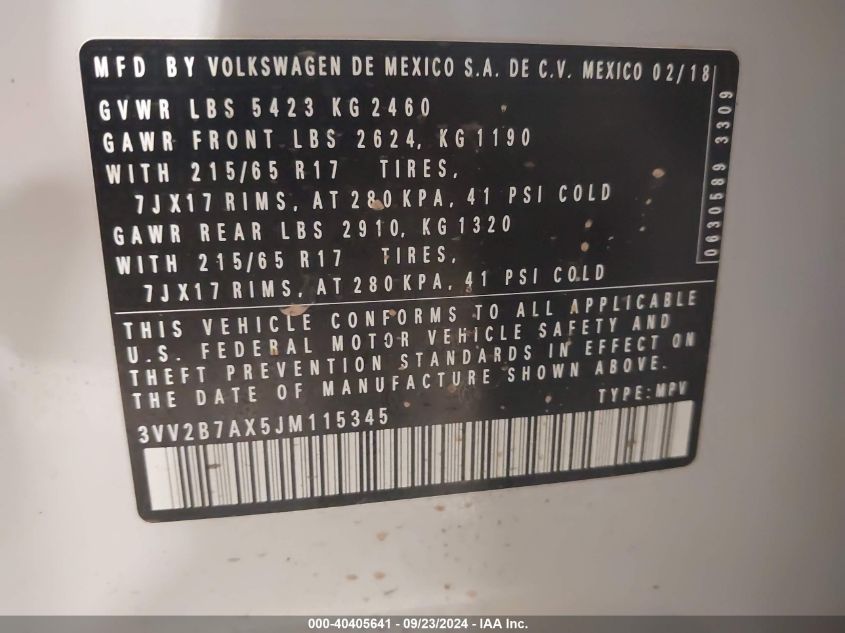 VIN 3VV2B7AX5JM115345 2018 Volkswagen Tiguan, 2.0T... no.9