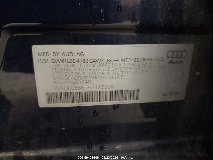 2005 Audi A4 1.8T/1.8T Special Edition VIN: WAULC68E15A122338 Lot: 40405646