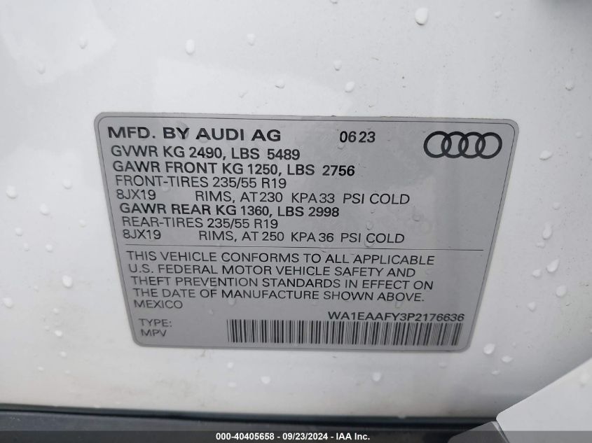 2023 Audi Q5 Premium Plus 45 Tfsi S Line Quattro VIN: WA1EAAFY3P2176636 Lot: 40405658