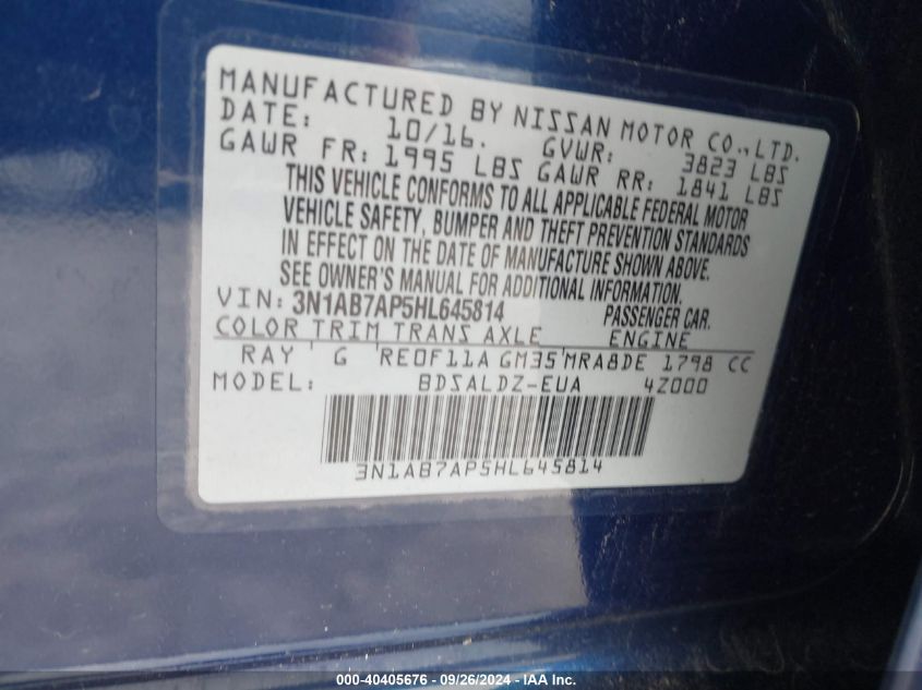 3N1AB7AP5HL645814 2017 Nissan Sentra S/Sv/Sr/Sl