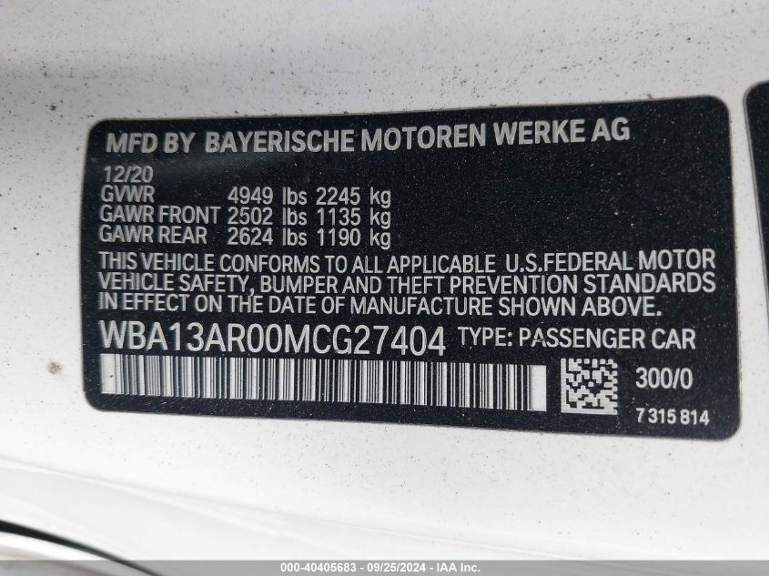 2021 BMW M440I xDrive VIN: WBA13AR00MCG27404 Lot: 40405683