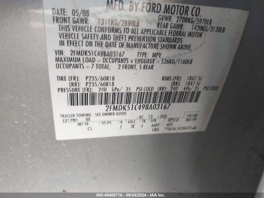 2FMDK51C49BA03167 2009 Ford Flex Se