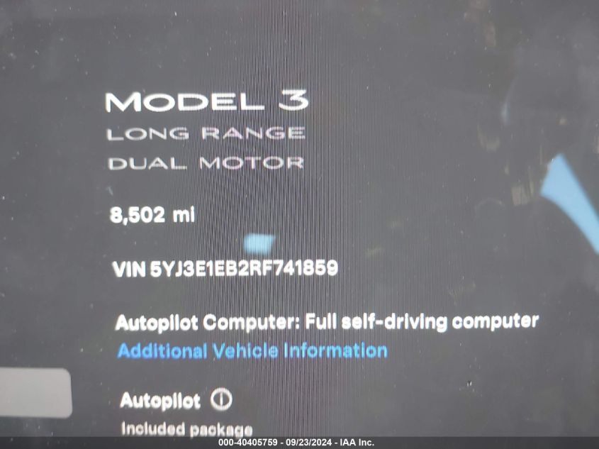 2024 Tesla Model 3 Long Range Dual Motor All-Wheel Drive VIN: 5YJ3E1EB2RF741859 Lot: 40405759