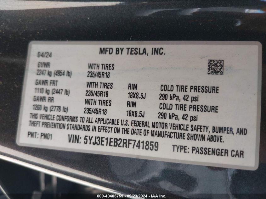 2024 Tesla Model 3 Long Range Dual Motor All-Wheel Drive VIN: 5YJ3E1EB2RF741859 Lot: 40405759