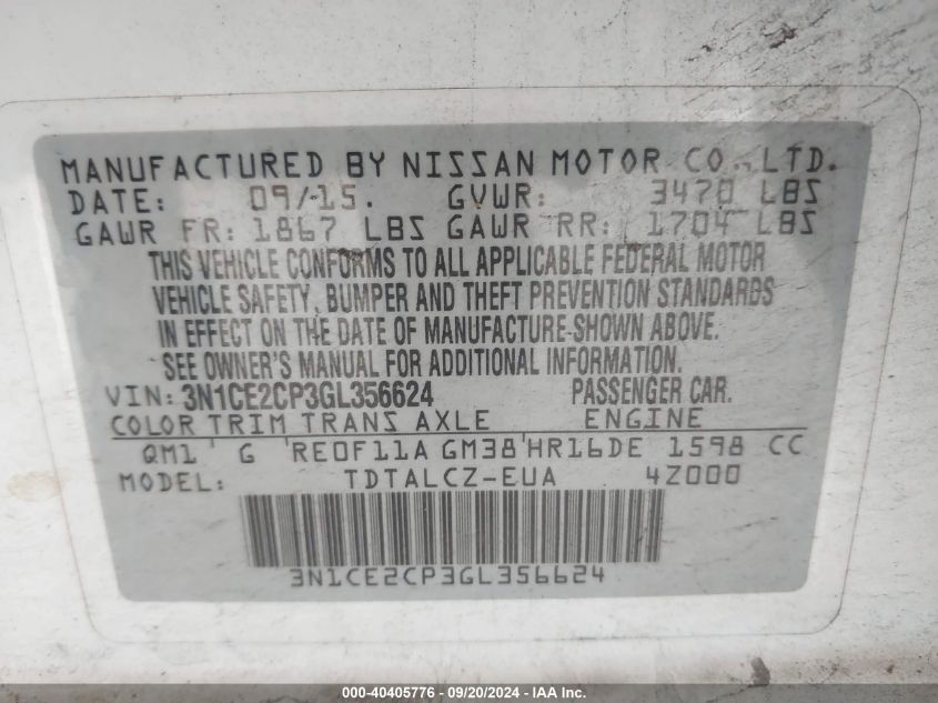 3N1CE2CP3GL356624 2016 Nissan Versa Note S Plus