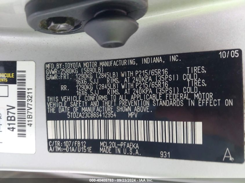 5TDZA23C86S412954 2006 Toyota Sienna Ce