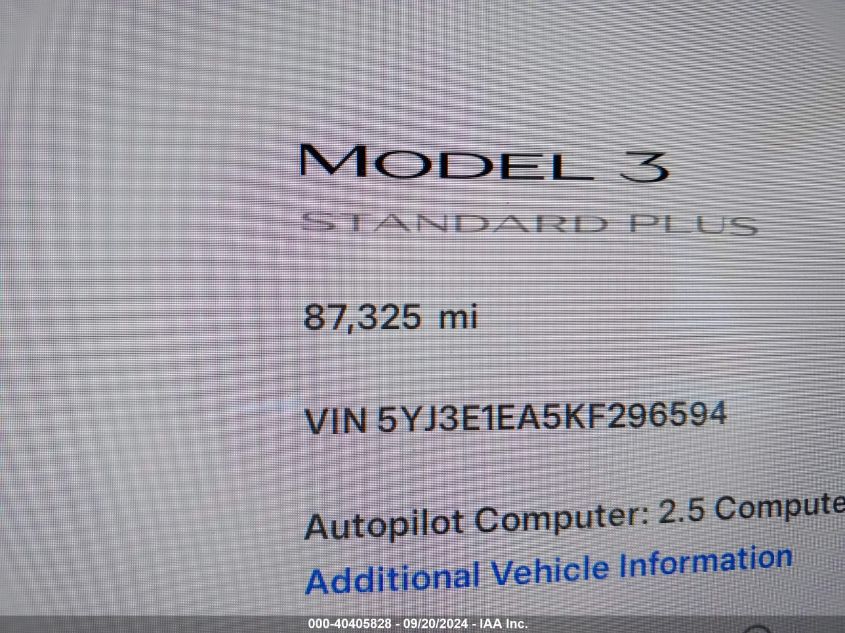 2019 Tesla Model 3 Long Range/Mid Range/Standard Range/Standard Range Plus VIN: 5YJ3E1EA5KF296594 Lot: 40405828