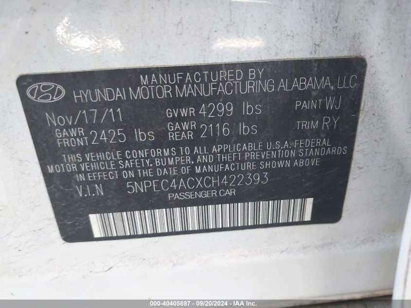 5NPEC4ACXCH422393 2012 Hyundai Sonata Se