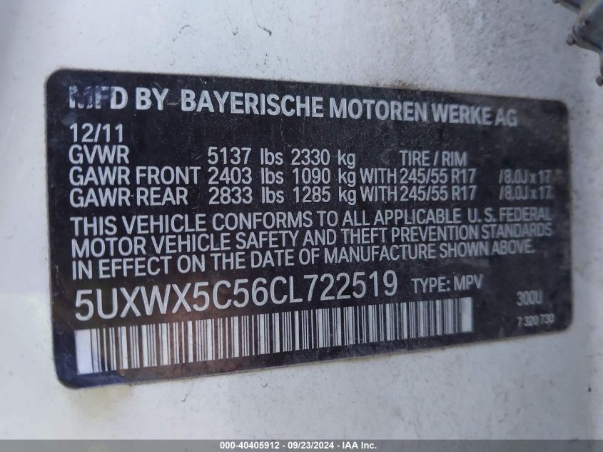 2012 BMW X3 xDrive28I VIN: 5UXWX5C56CL722519 Lot: 40405912