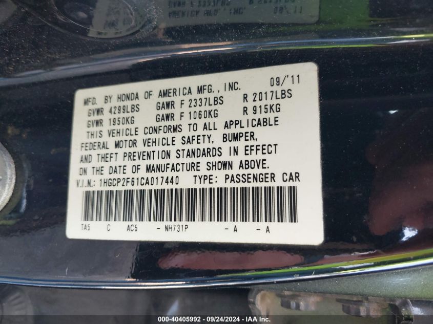 1HGCP2F61CA017440 2012 Honda Accord 2.4 Se