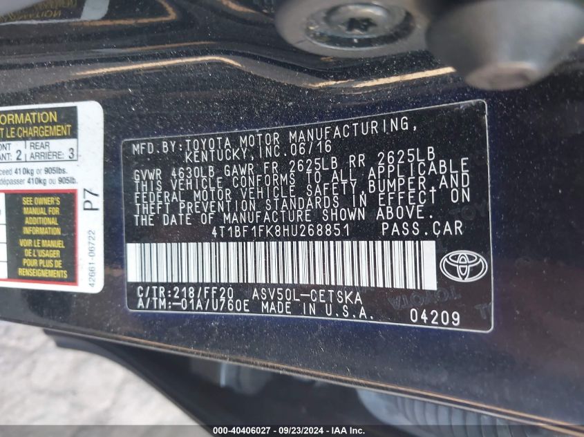 4T1BF1FK8HU268851 2017 Toyota Camry Le/Xle/Se/Xse