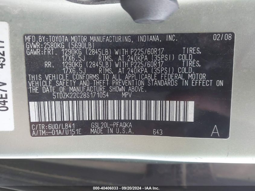 5TDZK22C28S171054 2008 Toyota Sienna Xle