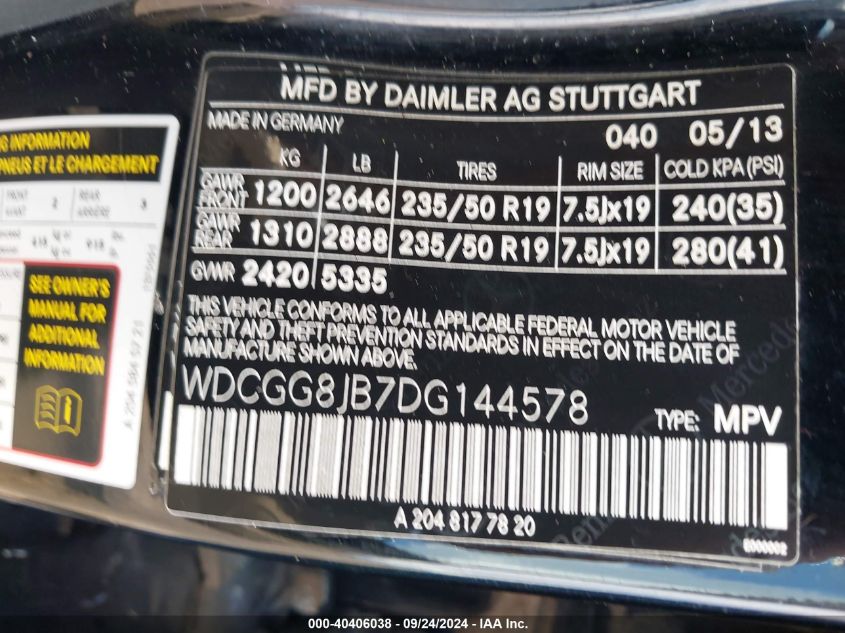 WDCGG8JB7DG144578 2013 Mercedes-Benz Glk 350 4Matic