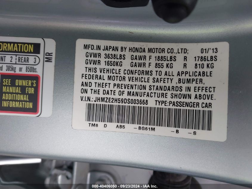 JHMZE2H59DS003668 2013 Honda Insight Lx