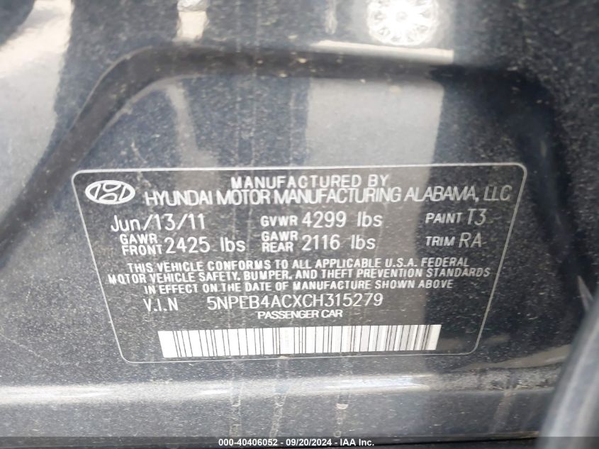 5NPEB4ACXCH315279 2012 Hyundai Sonata Gls