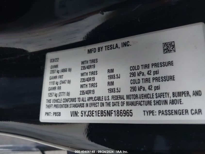 2022 Tesla Model 3 VIN: 5YJ3E1EB5NF186965 Lot: 40406148