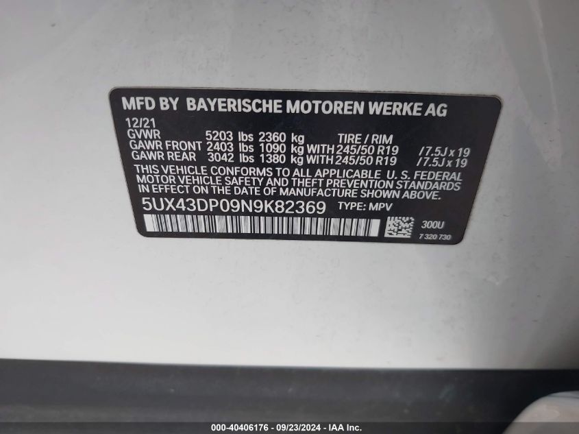 5UX43DP09N9K82369 2022 BMW X3 Sdrive30I