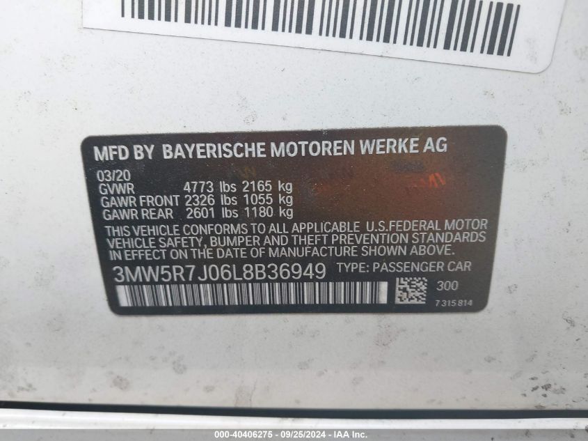 2020 BMW 330I xDrive VIN: 3MW5R7J06L8B36949 Lot: 40406275