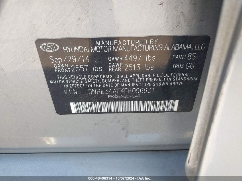 0NPE34AF4FH096931 2015 Hyundai Sonata