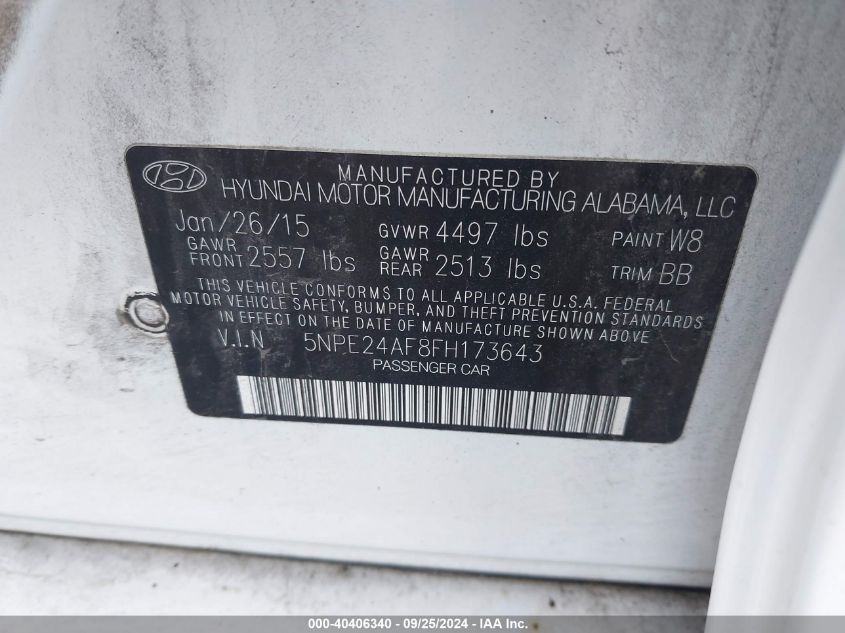 5NPE24AF8FH173643 2015 Hyundai Sonata Se