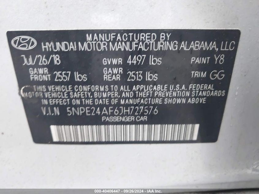 5NPE24AF6JH727576 2018 Hyundai Sonata Se