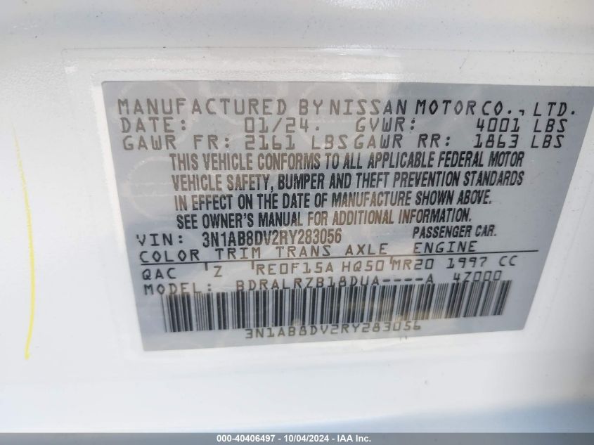 2024 Nissan Sentra Sr Xtronic Cvt VIN: 3N1AB8DV2RY283056 Lot: 40406497