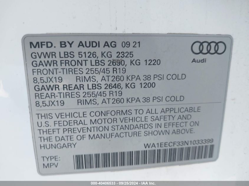 WA1EECF33N1033399 2022 Audi Q3 Premium Plus 45 Tfsi S Line Quattro Tiptronic