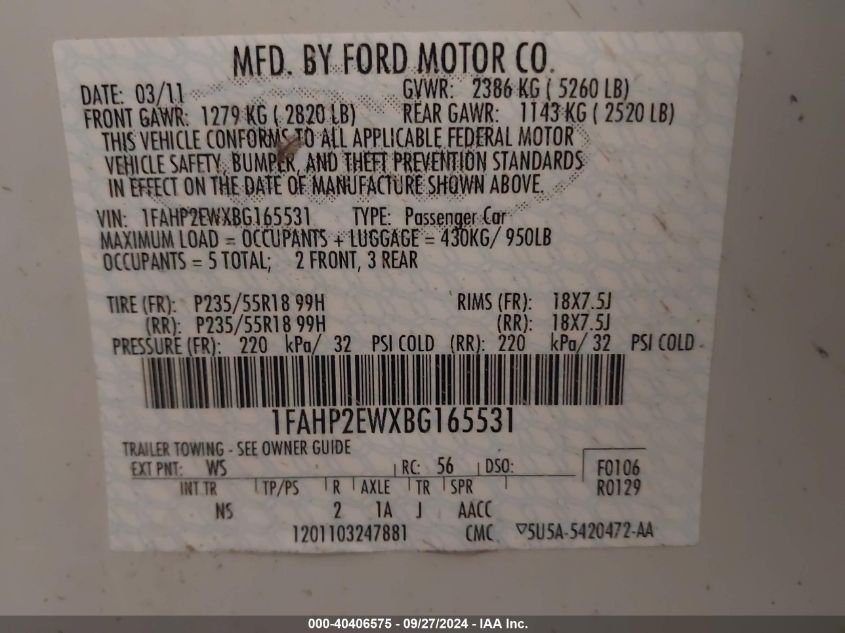 1FAHP2EWXBG165531 2011 Ford Taurus Sel