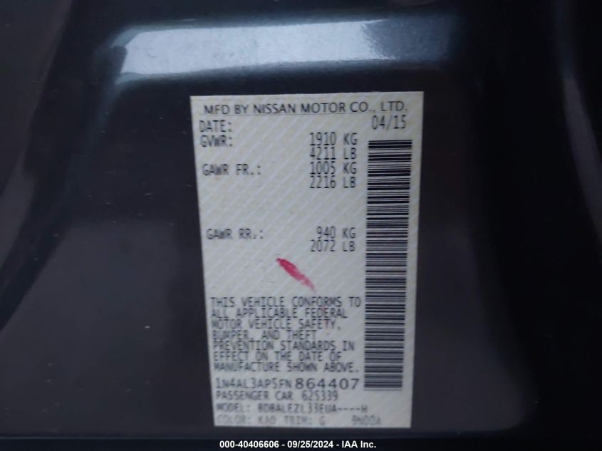 1N4AL3AP5FN864407 2015 Nissan Altima 2.5/S/Sv/Sl