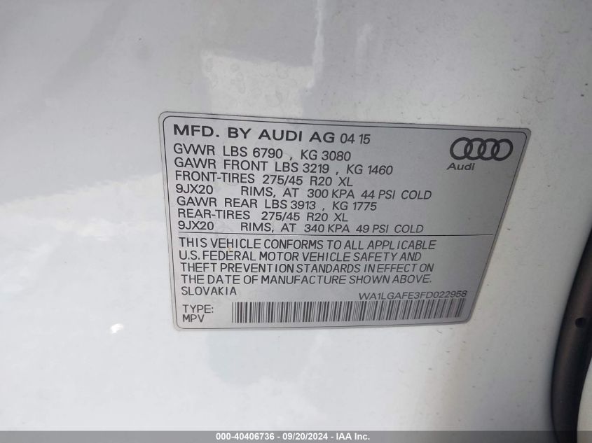 WA1LGAFE3FD022958 2015 Audi Q7 3.0T Premium