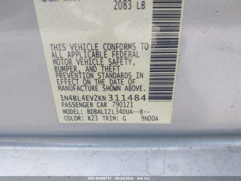 2019 Nissan Altima 2.5 Sl VIN: 1N4BL4EV2KN311484 Lot: 40406751