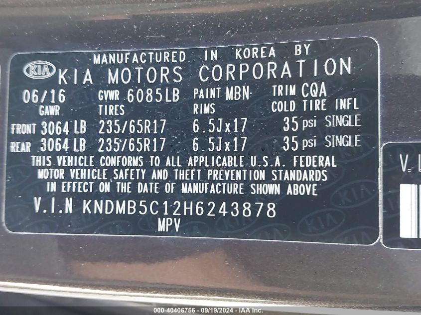 KNDMB5C12H6243878 2017 Kia Sedona Lx