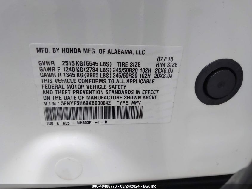 5FNYF5H69KB000042 2019 Honda Pilot Touring