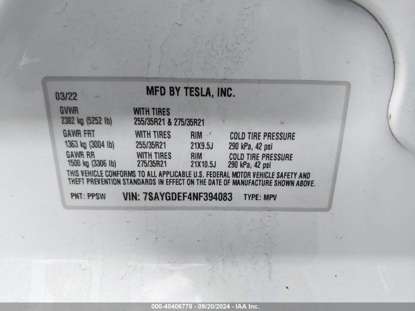 2022 Tesla Model Y Performance Dual Motor All-Wheel Drive VIN: 7SAYGDEF4NF394083 Lot: 40406778