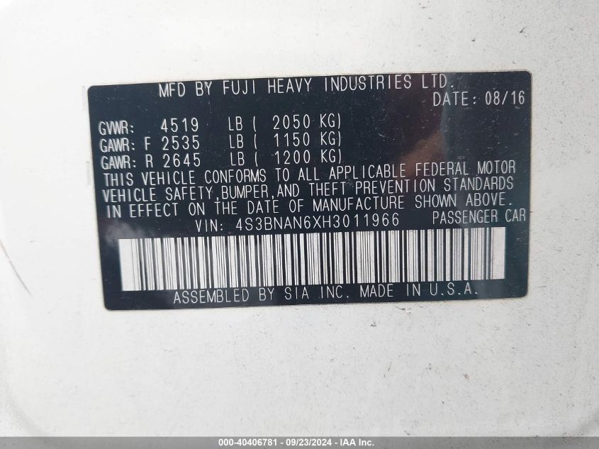 4S3BNAN6XH3011966 2017 Subaru Legacy 2.5I Limited