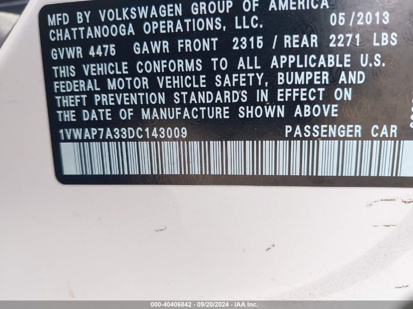 VIN 1VWAP7A33DC143009 2013 Volkswagen Passat, 2.5L... no.9