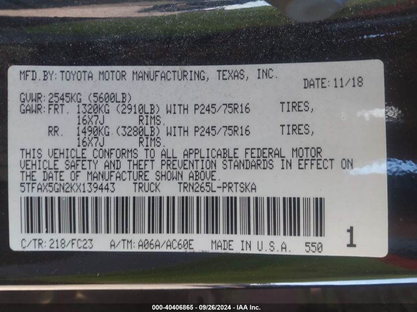 5TFAX5GN2KX139443 2019 Toyota Tacoma Double Cab/Sr/Sr5