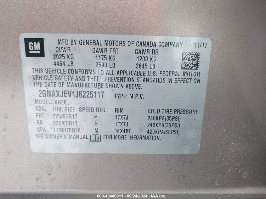 2018 CHEVROLET EQUINOX LT - 2GNAXJEV1J6225117