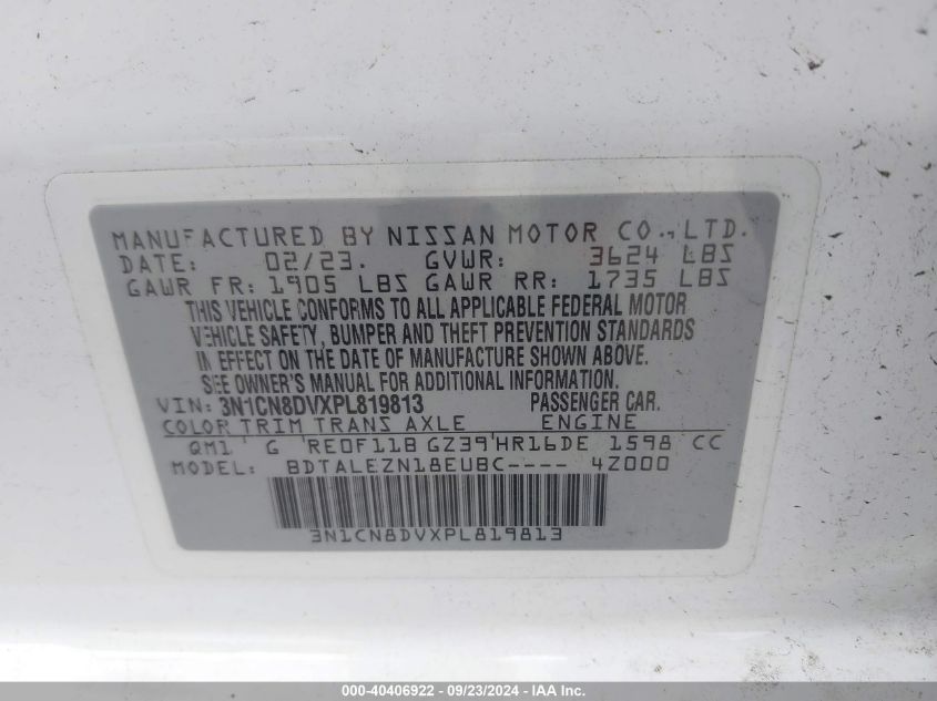 2023 Nissan Versa 1.6 S Xtronic Cvt VIN: 3N1CN8DVXPL819813 Lot: 40406922