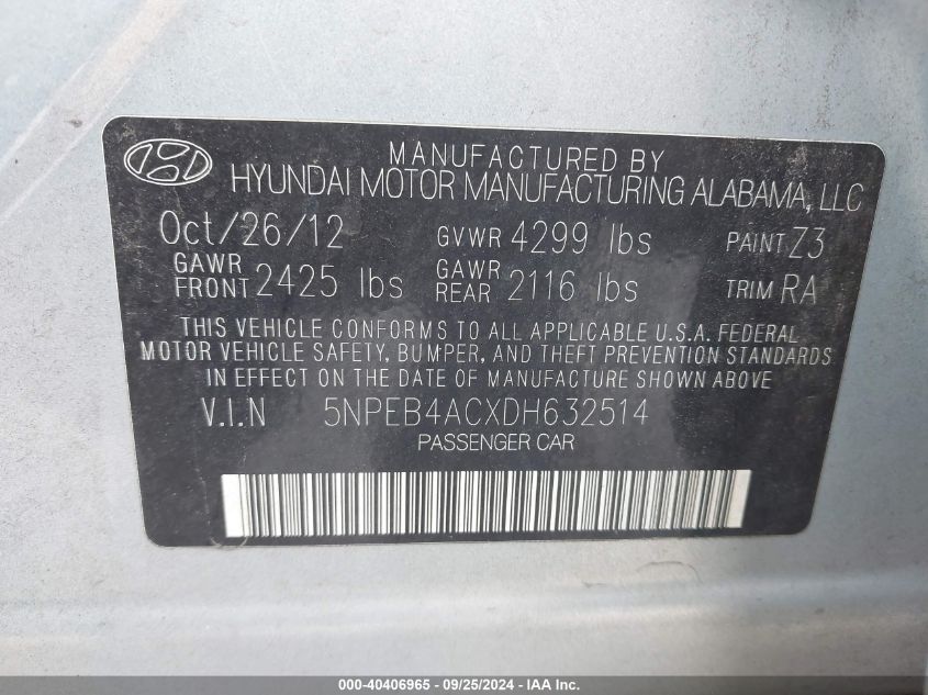 5NPEB4ACXDH632514 2013 Hyundai Sonata Gls