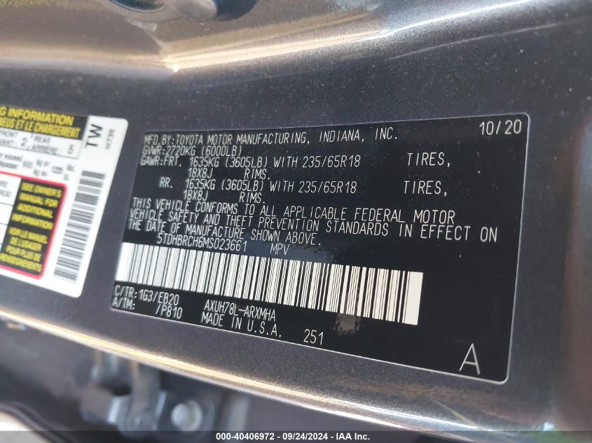 5TDHBRCH6MS023661 2021 Toyota Highlander Hybrid Xle