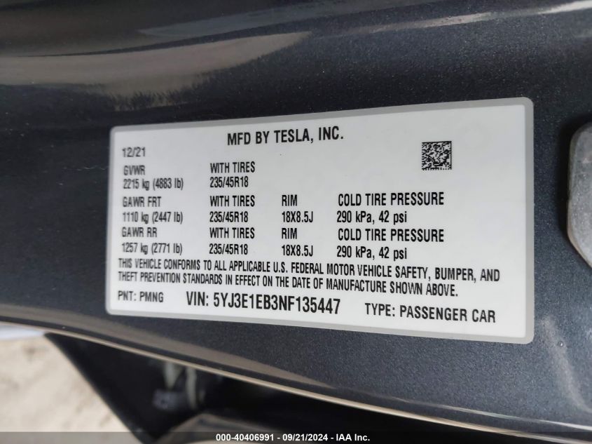 2022 Tesla Model 3 Long Range Dual Motor All-Wheel Drive VIN: 5YJ3E1EB3NF135447 Lot: 40406991