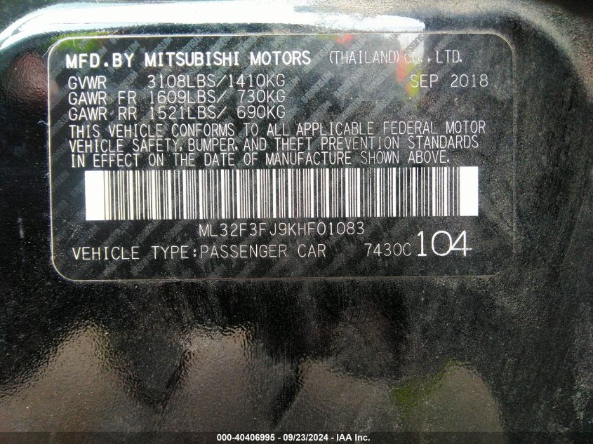 ML32F3FJ9KHF01083 2019 Mitsubishi Mirage G4 Es