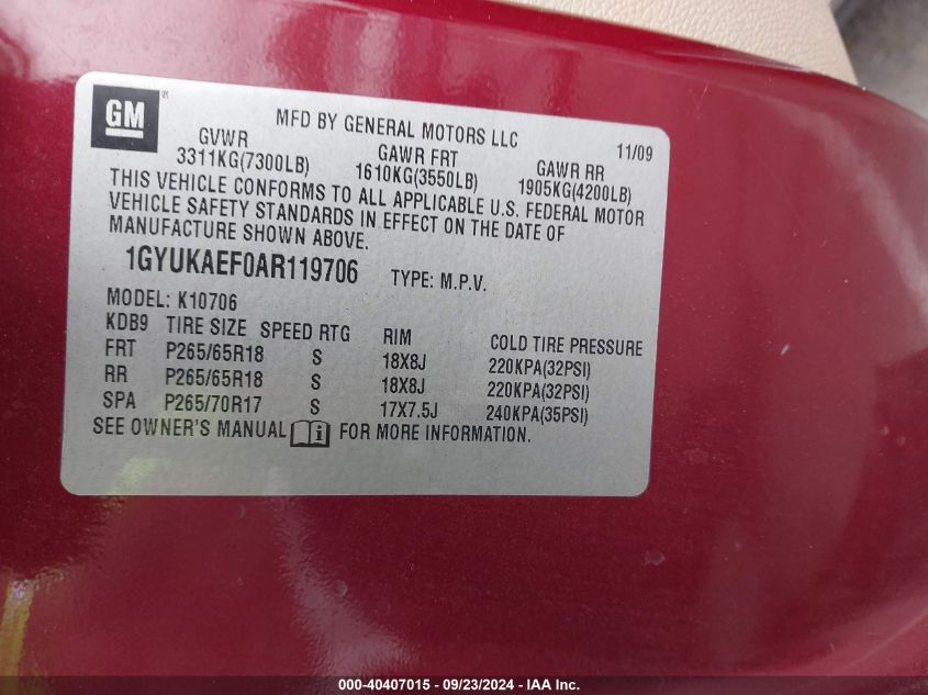 1GYUKAEF0AR119706 2010 Cadillac Escalade Standard