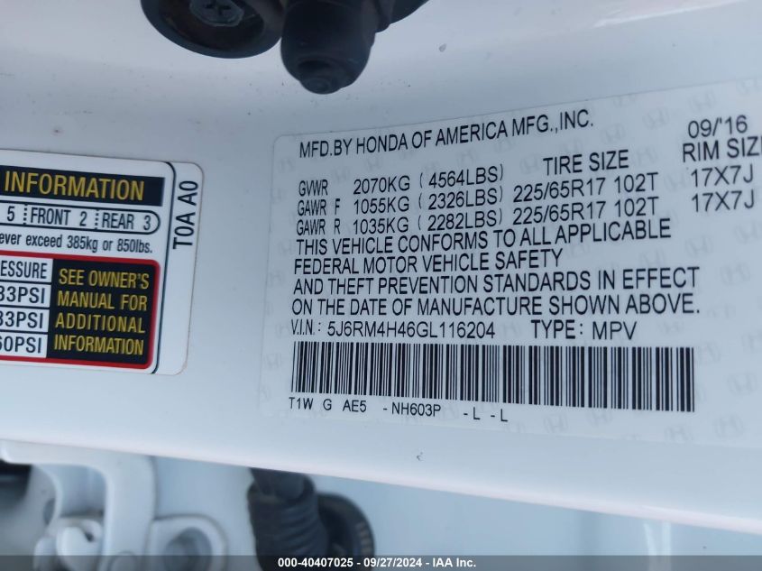 2016 Honda Cr-V Se VIN: 5J6RM4H46GL116204 Lot: 40407025