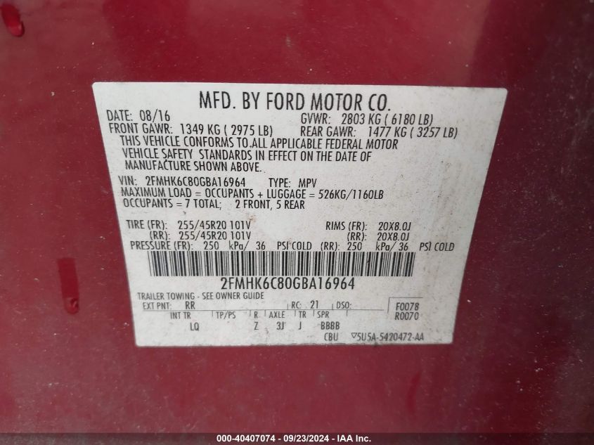 2FMHK6C80GBA16964 2016 Ford Flex Sel