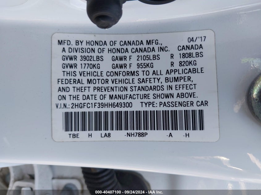 VIN 2HGFC1F39HH649300 2017 HONDA CIVIC EX-T